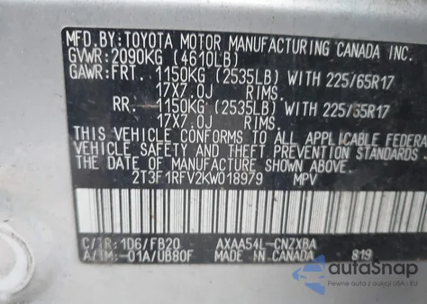 2019 Toyota Rav4 Le из США, поврежденный, VIN 2T3F1RFV2KW018979